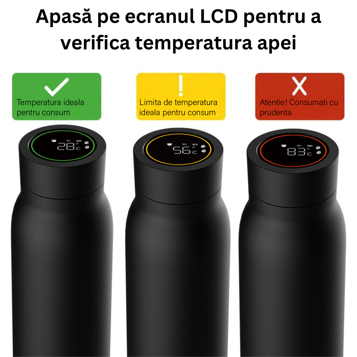 Termos Inteligent cu afisaj Led si Ecran Tactil VisionHub®, indicator temperatura, otel inoxidabil cu perete dublu, sticla inteligenta de apa cu aplicatie Tuya, urmareste consumul de apa, cu alarma, 600 ml