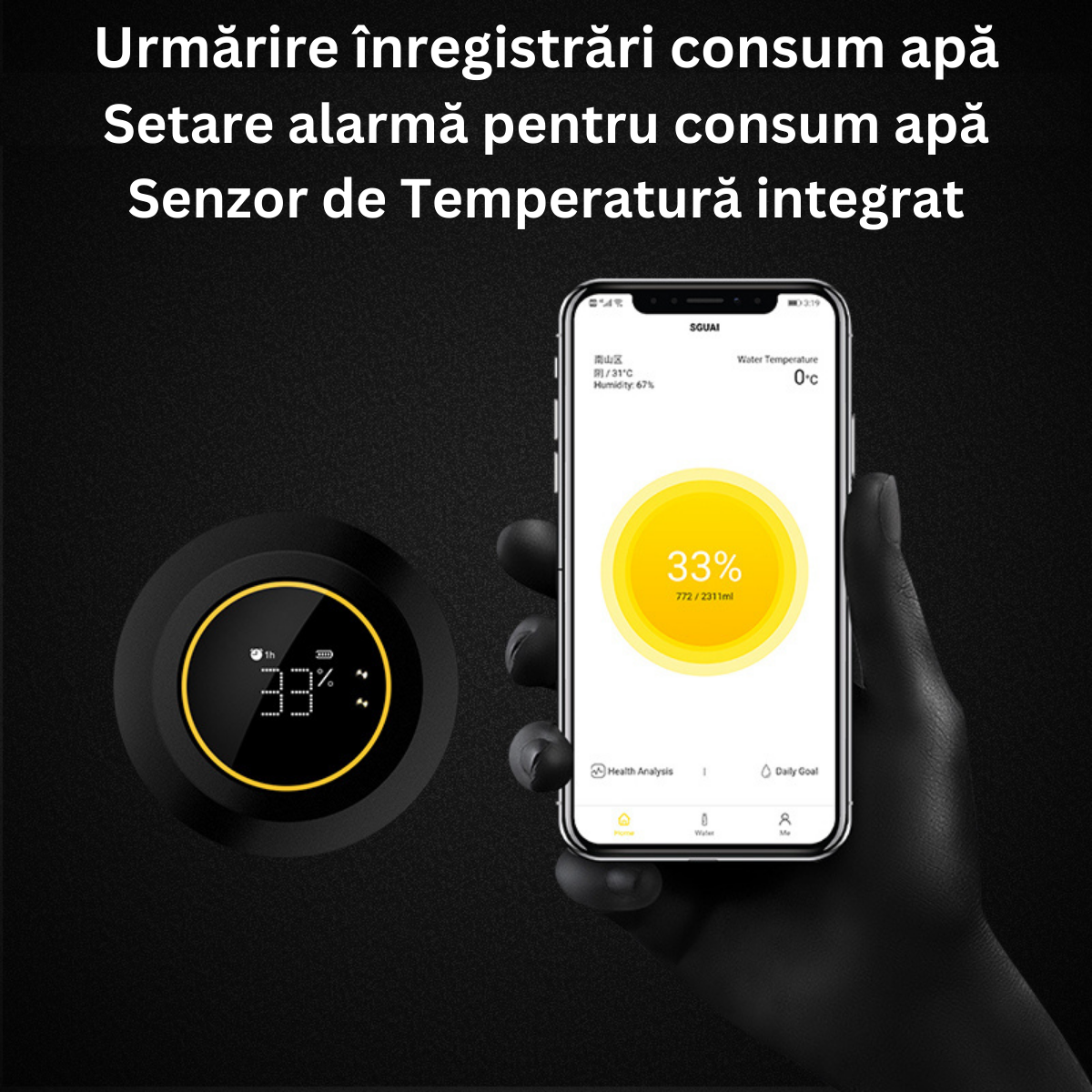Termos Inteligent cu afisaj Led si Ecran Tactil VisionHub®, indicator temperatura, otel inoxidabil cu perete dublu, sticla inteligenta de apa cu aplicatie Tuya, urmareste consumul de apa, cu alarma, 600 ml