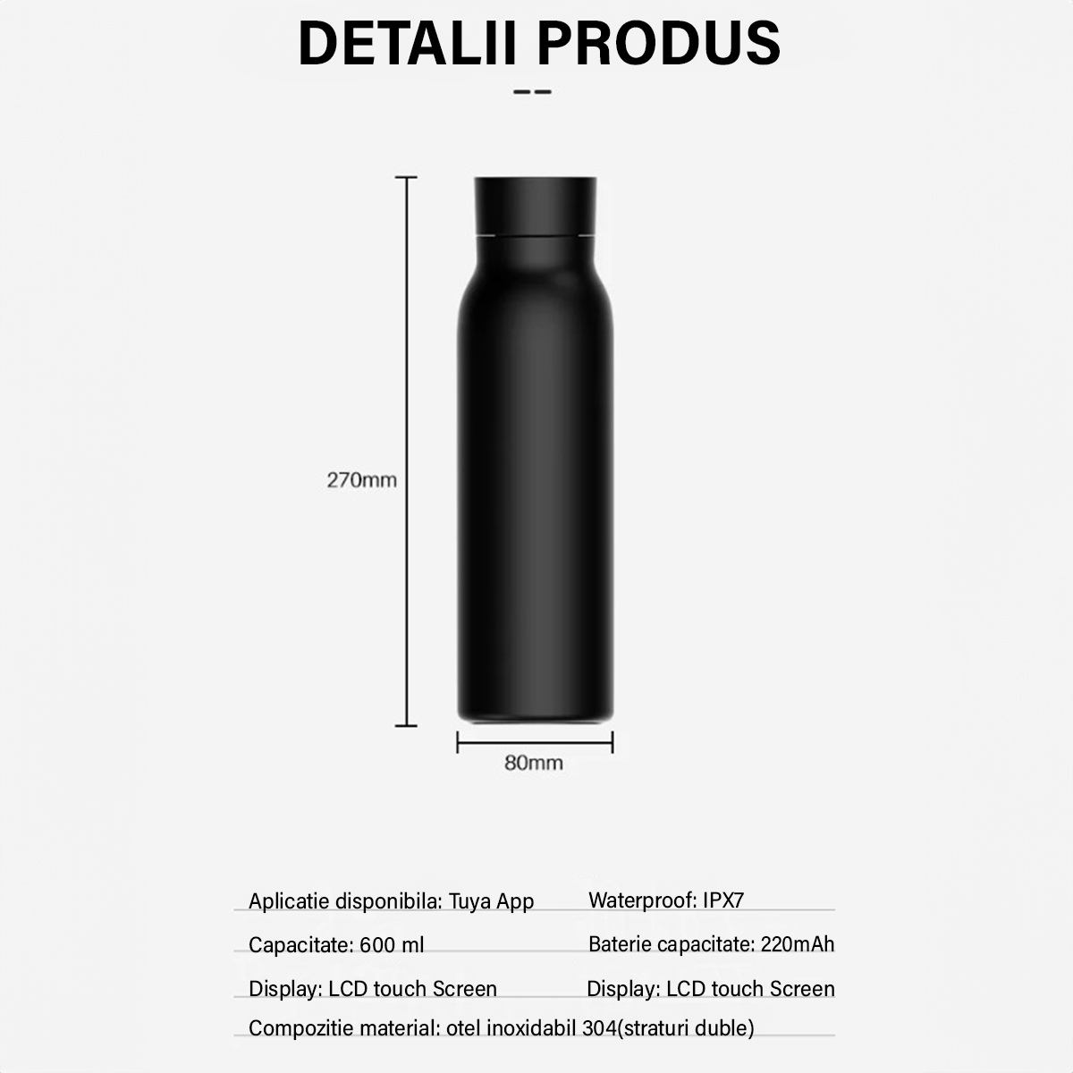 Termos Inteligent cu afisaj Led si Ecran Tactil VisionHub®, indicator temperatura, otel inoxidabil cu perete dublu, sticla inteligenta de apa cu aplicatie Tuya, urmareste consumul de apa, cu alarma, 600 ml