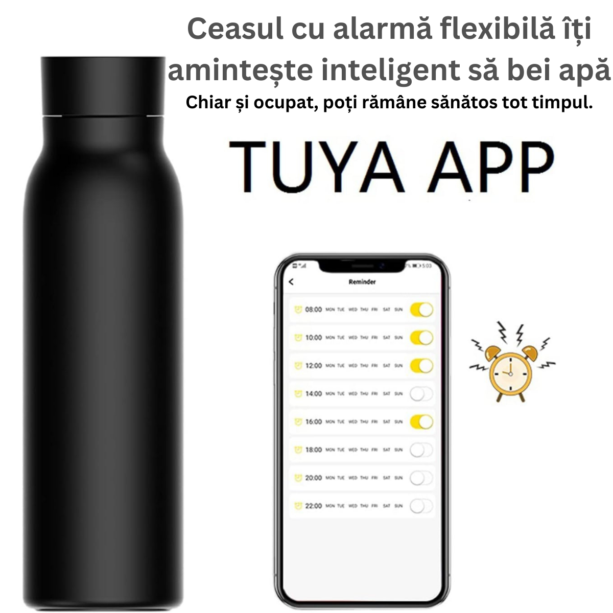 Termos Inteligent cu afisaj Led si Ecran Tactil VisionHub®, indicator temperatura, otel inoxidabil cu perete dublu, sticla inteligenta de apa cu aplicatie Tuya, urmareste consumul de apa, cu alarma, 600 ml