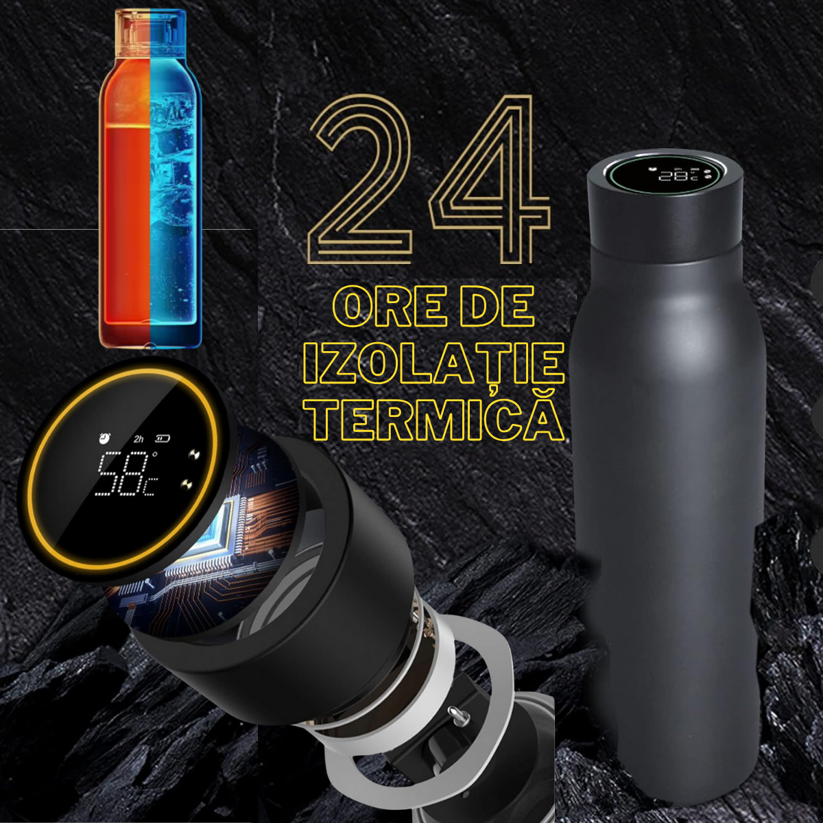 Termos Inteligent cu afisaj Led si Ecran Tactil VisionHub®, indicator temperatura, otel inoxidabil cu perete dublu, sticla inteligenta de apa cu aplicatie Tuya, urmareste consumul de apa, cu alarma, 600 ml