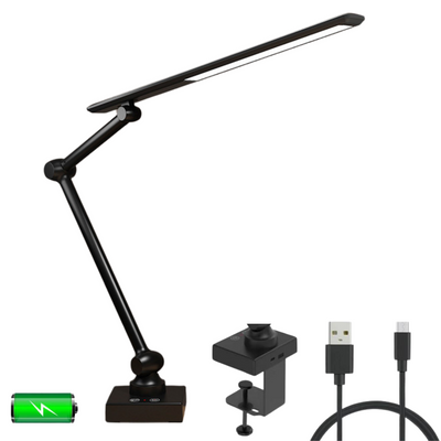 Lampa de birou LED, Brat Oscilant cu Clema, Inaltime Ajustabila, 3 Moduri de Iluminare, Temporizator, Slot USB - Baterie incorporata 2000MHA, Protectie Ochi, Reglare intensitate, pentru Arhitect, Banc de Lucru, Citire, Relaxare, Negru