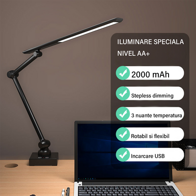 Lampa de birou LED, Brat Oscilant cu Clema, Inaltime Ajustabila, 3 Moduri de Iluminare, Temporizator, Slot USB - Baterie incorporata 2000MHA, Protectie Ochi, Reglare intensitate, pentru Arhitect, Banc de Lucru, Citire, Relaxare, Negru