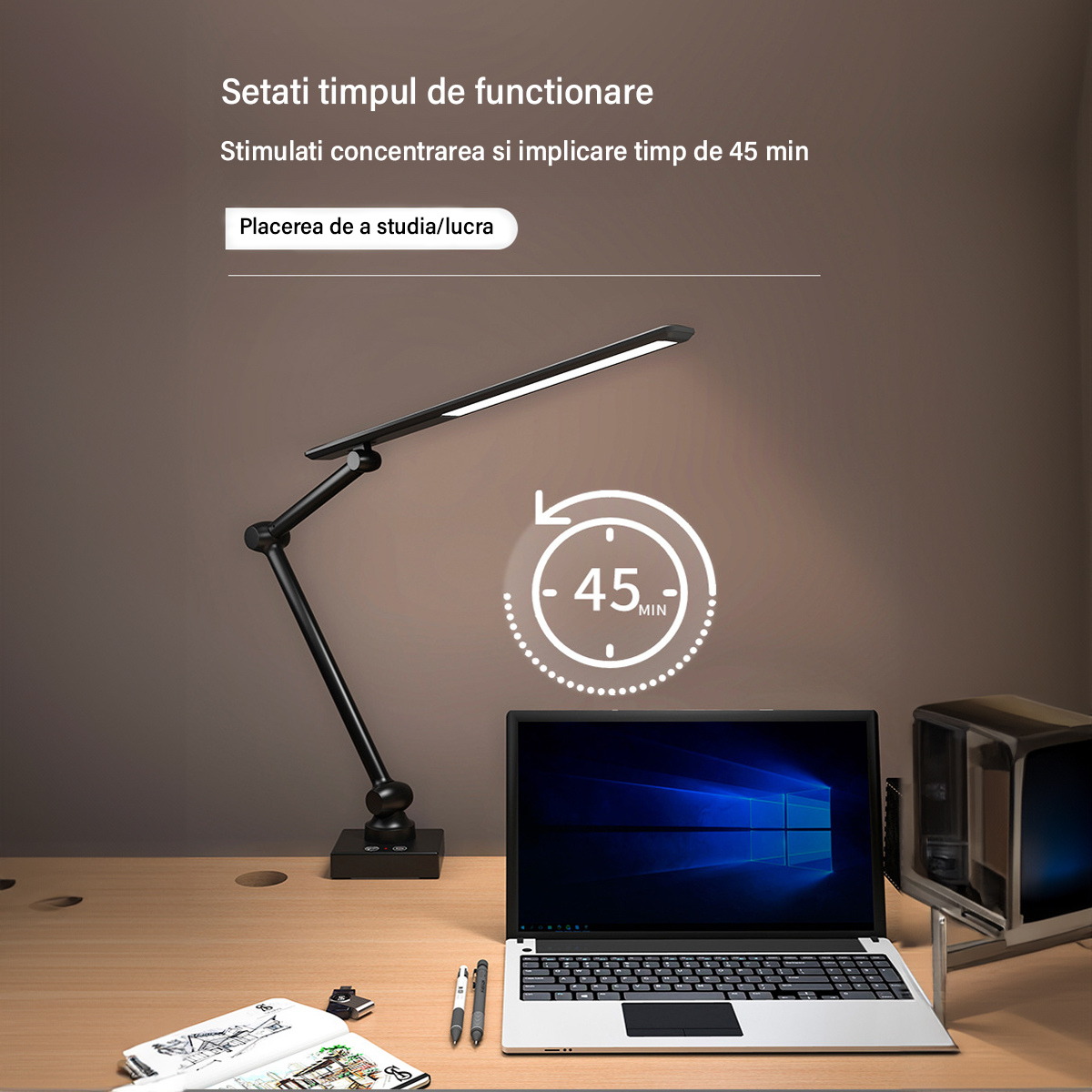 Lampa de birou LED, Brat Oscilant cu Clema, Inaltime Ajustabila, 3 Moduri de Iluminare, Temporizator, Slot USB - Baterie incorporata 2000MHA, Protectie Ochi, Reglare intensitate, pentru Arhitect, Banc de Lucru, Citire, Relaxare, Negru