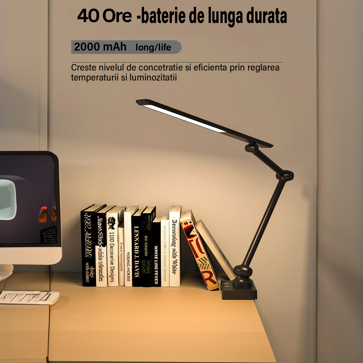 Lampa de birou LED, Brat Oscilant cu Clema, Inaltime Ajustabila, 3 Moduri de Iluminare, Temporizator, Slot USB - Baterie incorporata 2000MHA, Protectie Ochi, Reglare intensitate, pentru Arhitect, Banc de Lucru, Citire, Relaxare, Negru
