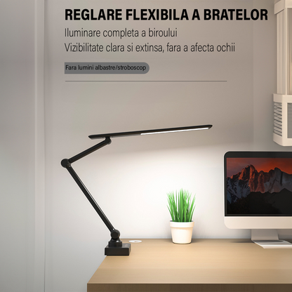 Lampa de birou LED, Brat Oscilant cu Clema, Inaltime Ajustabila, 3 Moduri de Iluminare, Temporizator, Slot USB - Baterie incorporata 2000MHA, Protectie Ochi, Reglare intensitate, pentru Arhitect, Banc de Lucru, Citire, Relaxare, Negru