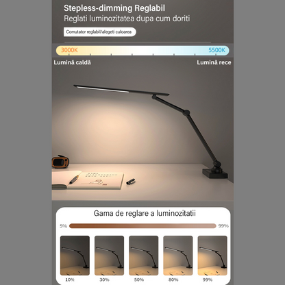 Lampa de birou LED, Brat Oscilant cu Clema, Inaltime Ajustabila, 3 Moduri de Iluminare, Temporizator, Slot USB - Baterie incorporata 2000MHA, Protectie Ochi, Reglare intensitate, pentru Arhitect, Banc de Lucru, Citire, Relaxare, Negru