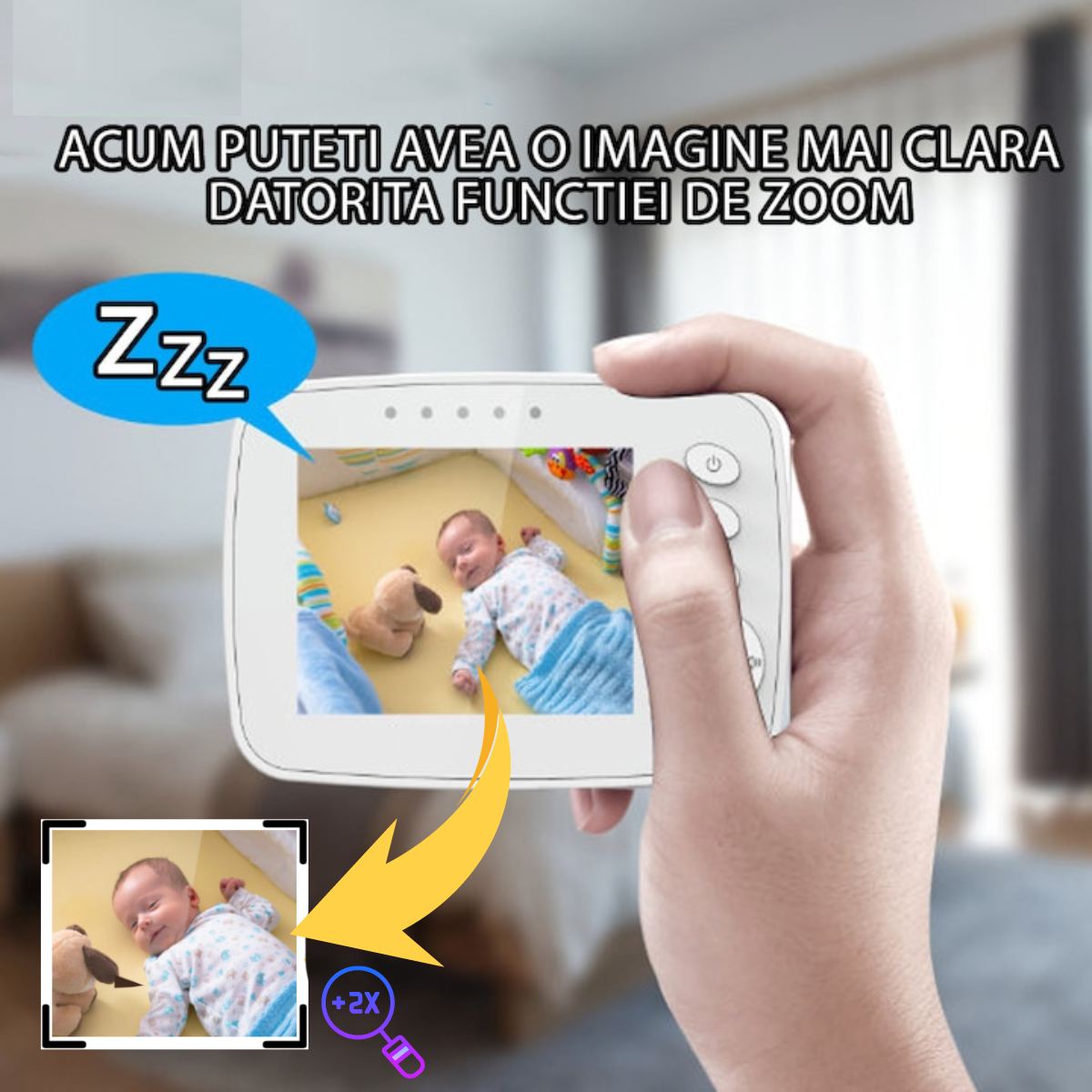 Baby Monitor pentru bebelusi, VisionHub®, Sistem Monitorizare Video si Audio Wireless, Raza 300 m, Ecran de 3,2 inch cu dublu microfon, monitorizare temperatura, Rotire, Cantece Leagan, Mod ECO si Vedere Nocturna, Alb