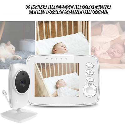 Baby Monitor pentru bebelusi, VisionHub®, Sistem Monitorizare Video si Audio Wireless, Raza 300 m, Ecran de 3,2 inch cu dublu microfon, monitorizare temperatura, Rotire, Cantece Leagan, Mod ECO si Vedere Nocturna, Alb