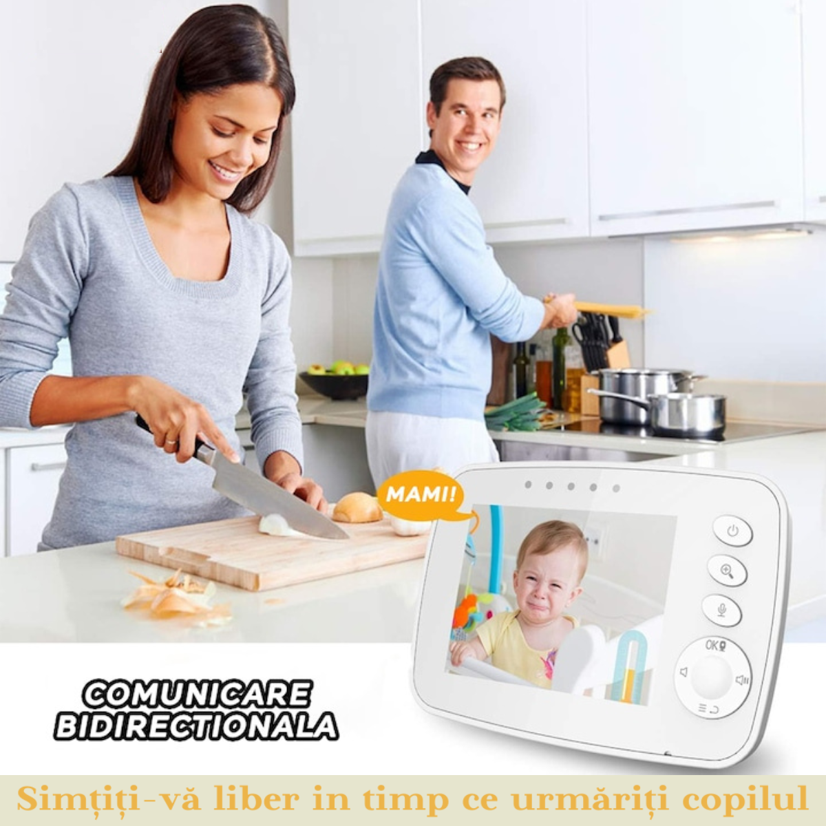 Baby Monitor pentru bebelusi, VisionHub®, Sistem Monitorizare Video si Audio Wireless, Raza 300 m, Ecran de 3,2 inch cu dublu microfon, monitorizare temperatura, Rotire, Cantece Leagan, Mod ECO si Vedere Nocturna, Alb
