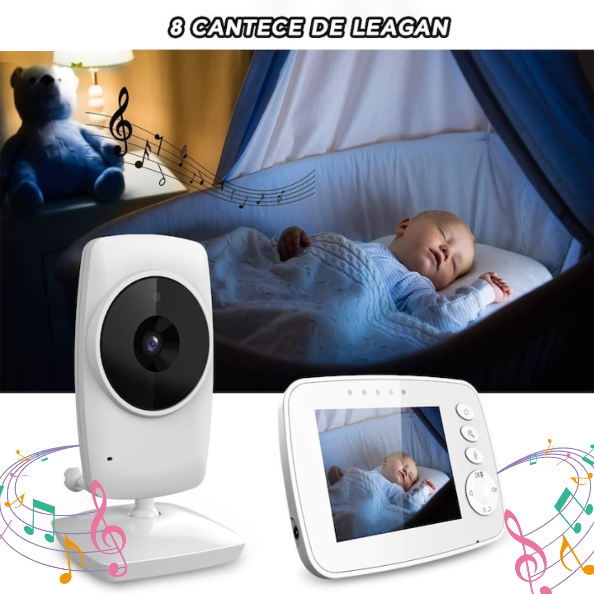 Baby Monitor pentru bebelusi, VisionHub®, Sistem Monitorizare Video si Audio Wireless, Raza 300 m, Ecran de 3,2 inch cu dublu microfon, monitorizare temperatura, Rotire, Cantece Leagan, Mod ECO si Vedere Nocturna, Alb