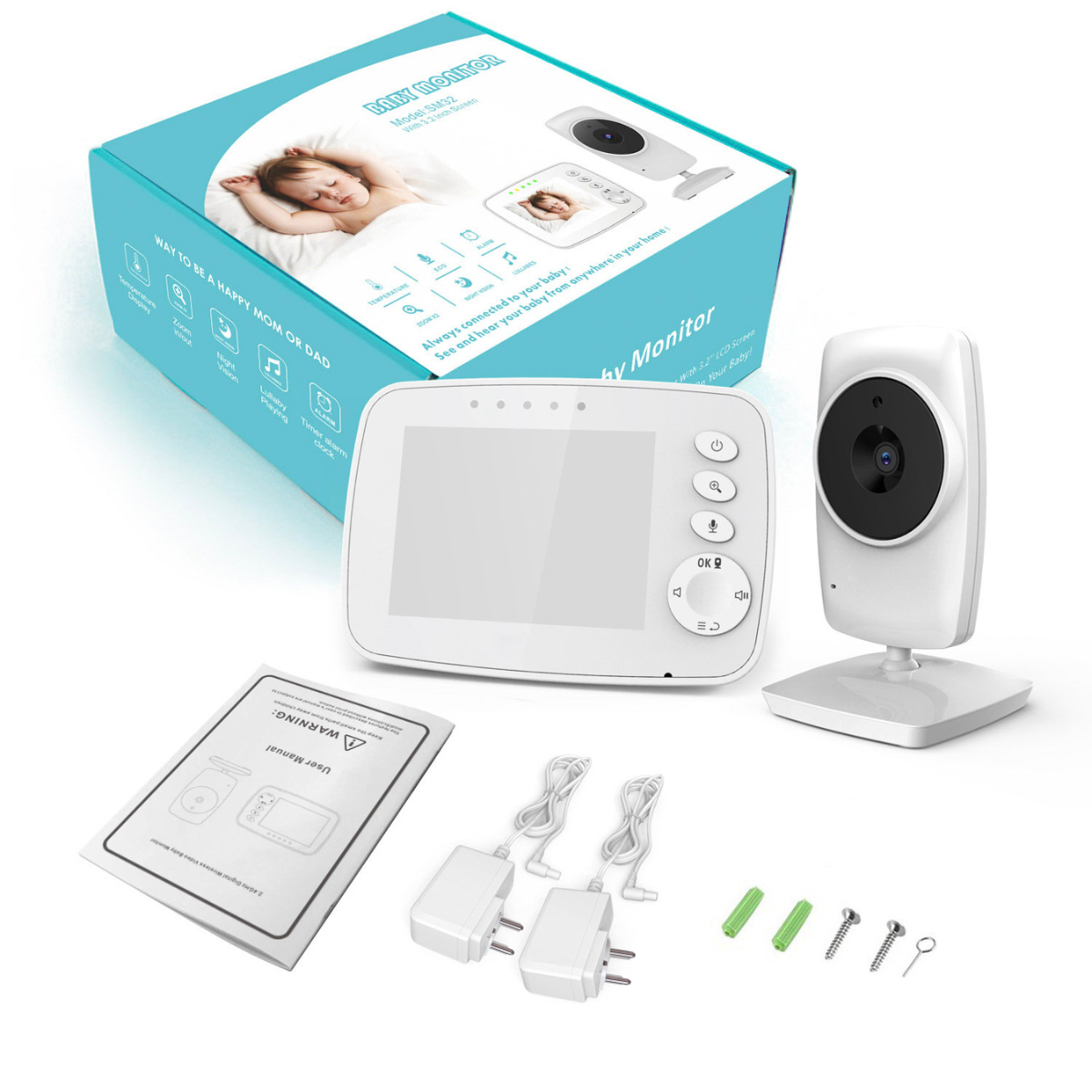 Baby Monitor pentru bebelusi, VisionHub®, Sistem Monitorizare Video si Audio Wireless, Raza 300 m, Ecran de 3,2 inch cu dublu microfon, monitorizare temperatura, Rotire, Cantece Leagan, Mod ECO si Vedere Nocturna, Alb