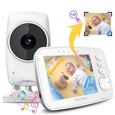 Baby Monitor pentru bebelusi, VisionHub®, Sistem Monitorizare Video si Audio Wireless, Raza 300 m, Ecran de 3,2 inch cu dublu microfon, monitorizare temperatura, Rotire, Cantece Leagan, Mod ECO si Vedere Nocturna, Alb