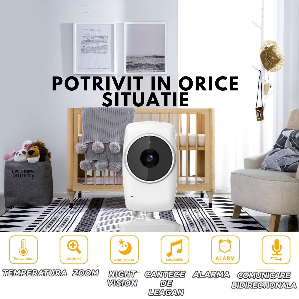 Baby Monitor pentru bebelusi, VisionHub®, Sistem Monitorizare Video si Audio Wireless, Raza 300 m, Ecran de 3,2 inch cu dublu microfon, monitorizare temperatura, Rotire, Cantece Leagan, Mod ECO si Vedere Nocturna, Alb
