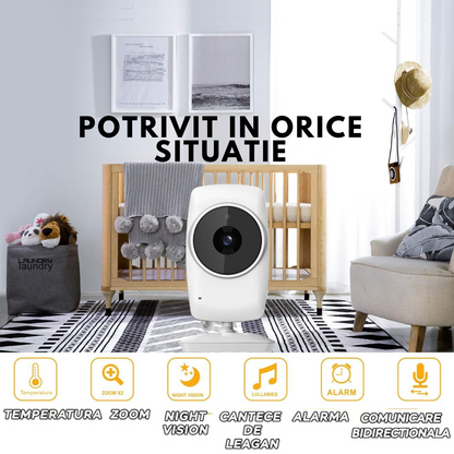 Baby Monitor pentru bebelusi, VisionHub®, Sistem Monitorizare Video si Audio Wireless, Raza 300 m, Ecran de 3,2 inch cu dublu microfon, monitorizare temperatura, Rotire, Cantece Leagan, Mod ECO si Vedere Nocturna, Alb