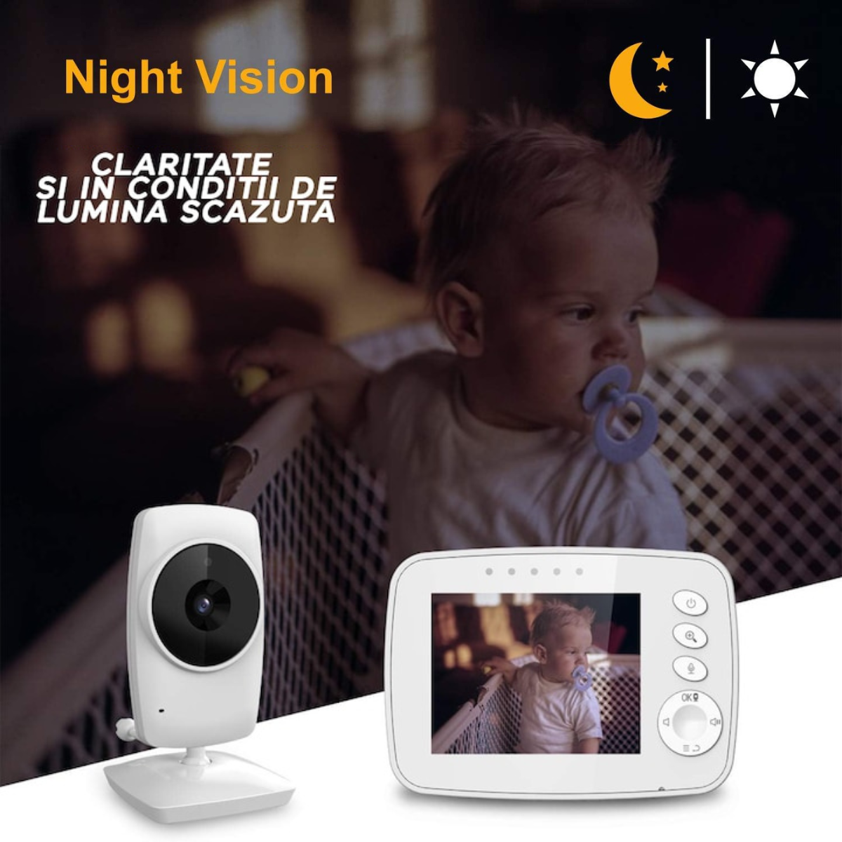 Baby Monitor pentru bebelusi, VisionHub®, Sistem Monitorizare Video si Audio Wireless, Raza 300 m, Ecran de 3,2 inch cu dublu microfon, monitorizare temperatura, Rotire, Cantece Leagan, Mod ECO si Vedere Nocturna, Alb