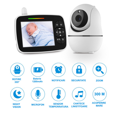 Sistem monitorizare cu Camera Video-Audio pentru supraveghere bebelusi, VisionHub®, Baby Monitor cu Ecran HD 3.5 inch, Monitorizare temperatura, Rotire, Wireless, Cantece Leagan, Interactiune cu Bebelusul, Vedere Nocturna