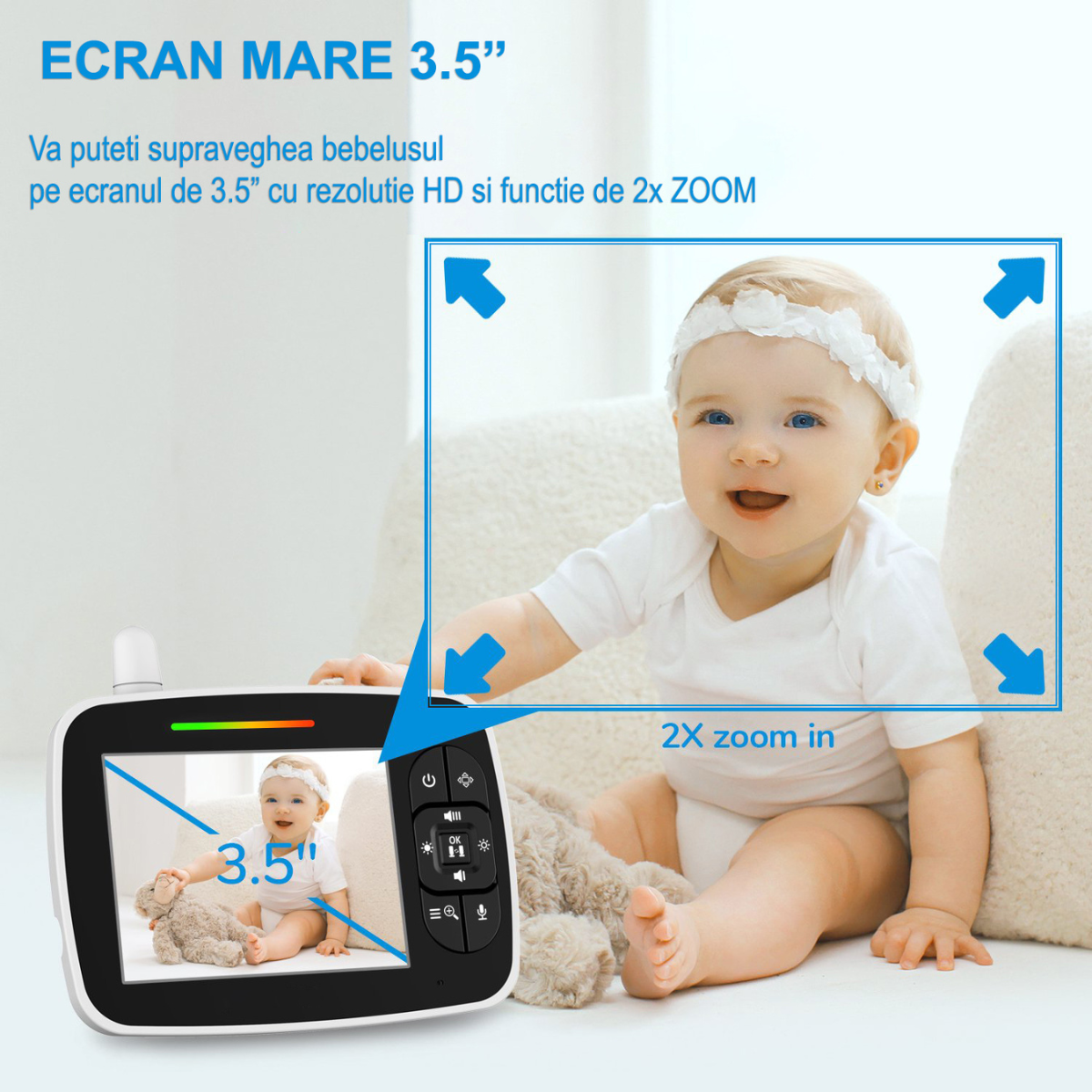 Sistem monitorizare cu Camera Video-Audio pentru supraveghere bebelusi, VisionHub®, Baby Monitor cu Ecran HD 3.5 inch, Monitorizare temperatura, Rotire, Wireless, Cantece Leagan, Interactiune cu Bebelusul, Vedere Nocturna