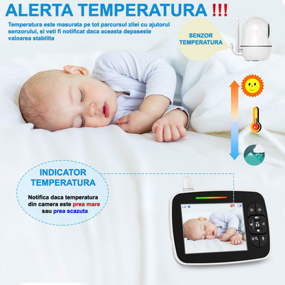 Sistem monitorizare cu Camera Video-Audio pentru supraveghere bebelusi, VisionHub®, Baby Monitor cu Ecran HD 3.5 inch, Monitorizare temperatura, Rotire, Wireless, Cantece Leagan, Interactiune cu Bebelusul, Vedere Nocturna