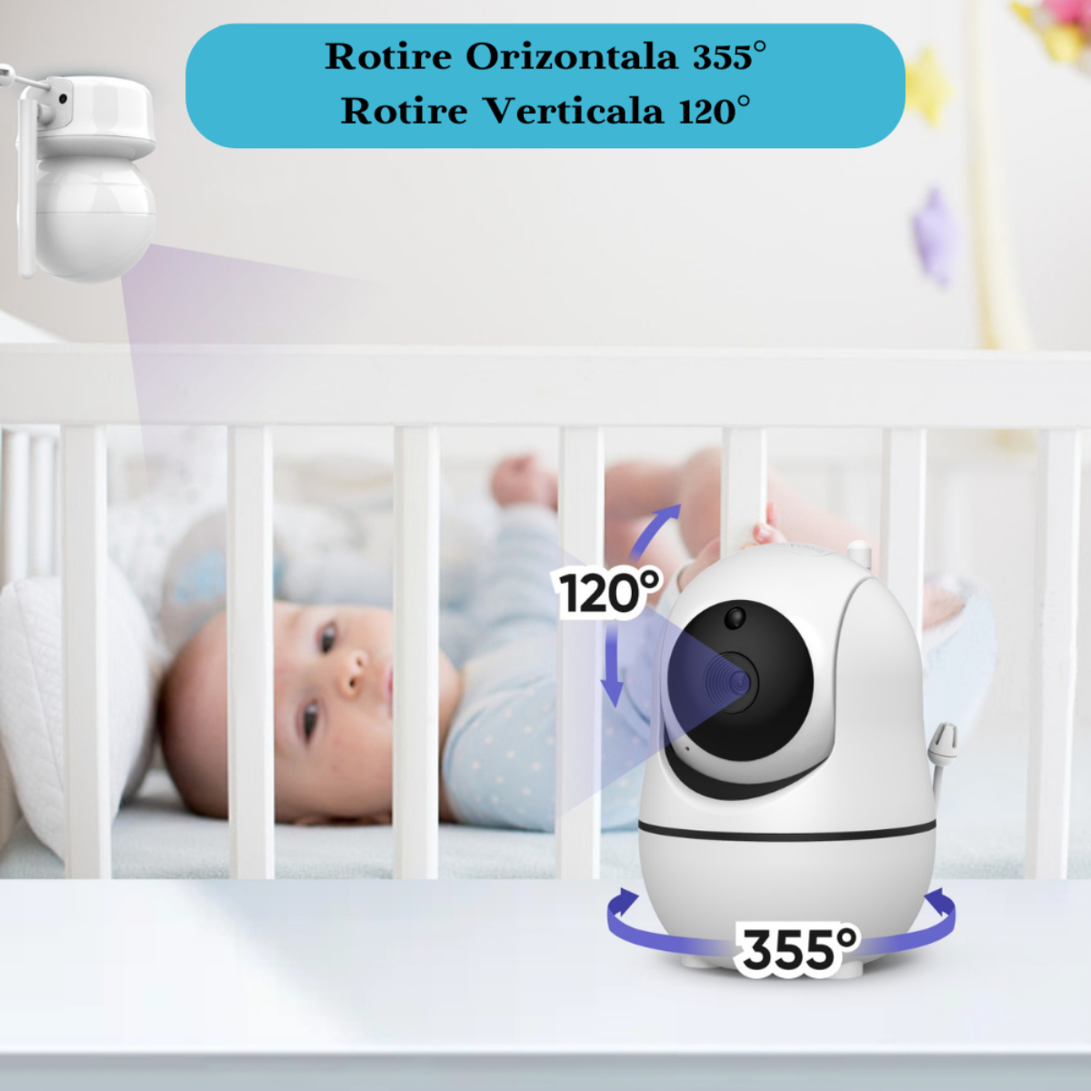 Sistem monitorizare cu Camera Video-Audio pentru supraveghere bebelusi, VisionHub®, Baby Monitor cu Ecran HD 3.5 inch, Monitorizare temperatura, Rotire, Wireless, Cantece Leagan, Interactiune cu Bebelusul, Vedere Nocturna