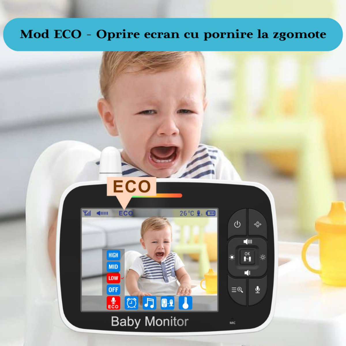 Sistem monitorizare cu Camera Video-Audio pentru supraveghere bebelusi, VisionHub®, Baby Monitor cu Ecran HD 3.5 inch, Monitorizare temperatura, Rotire, Wireless, Cantece Leagan, Interactiune cu Bebelusul, Vedere Nocturna