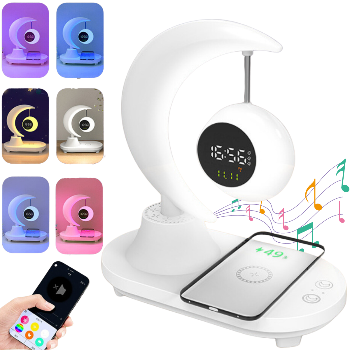 Lampa LED inteligenta cu Ceas alarma, multifunctionala, pentru birou, dormitor, living, cu boxa bluetooth, protectie ochi, touch control, Incarcator Wireless pentru telefon 15W, 7 Culori RGB, baterie 2000 mAh