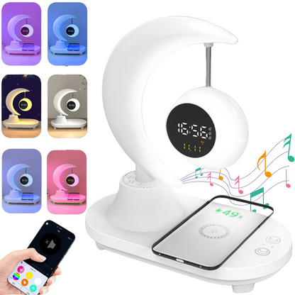 Lampa LED inteligenta cu Ceas alarma, multifunctionala, pentru birou, dormitor, living, cu boxa bluetooth, protectie ochi, touch control, Incarcator Wireless pentru telefon 15W, 7 Culori RGB, baterie 2000 mAh