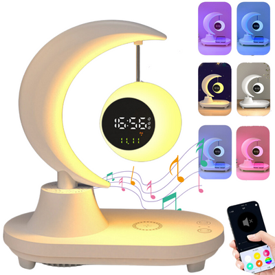 Lampa LED inteligenta cu Ceas alarma, multifunctionala, pentru birou, dormitor, living, cu boxa bluetooth, protectie ochi, touch control, Incarcator Wireless pentru telefon 15W, 7 Culori RGB, baterie 2000 mAh