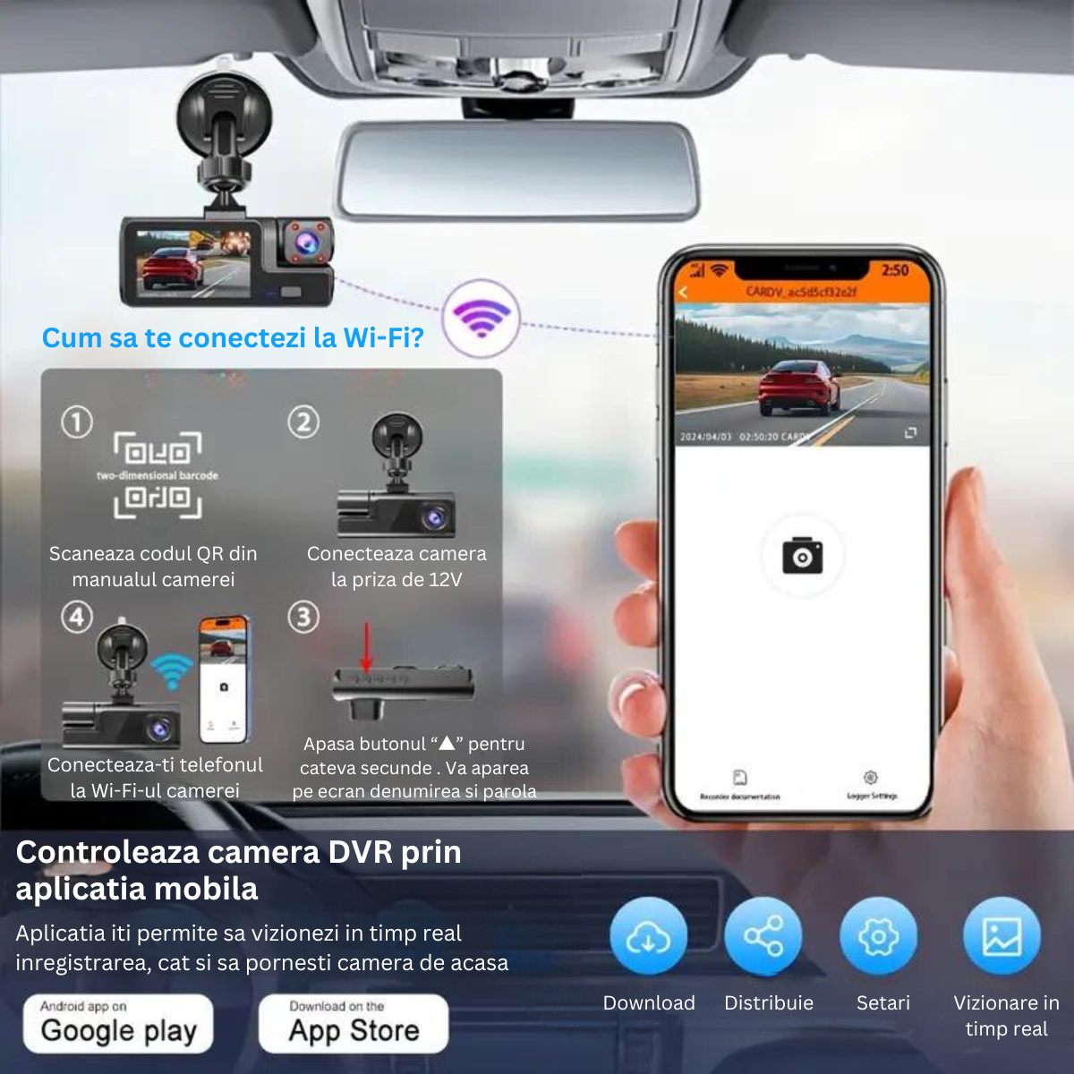 Camera Auto Tripla de bord Full HD 1080P VisionHub®, WIFI, G-Senzor Reglabil, Aplicatie Pe Telefon, Night Vision, Loop Recording, Unghi Larg 170°, Ecran IPS De 2,0 Inch, DVR cu Camera Fata - Spat + Interior incluse, Negru