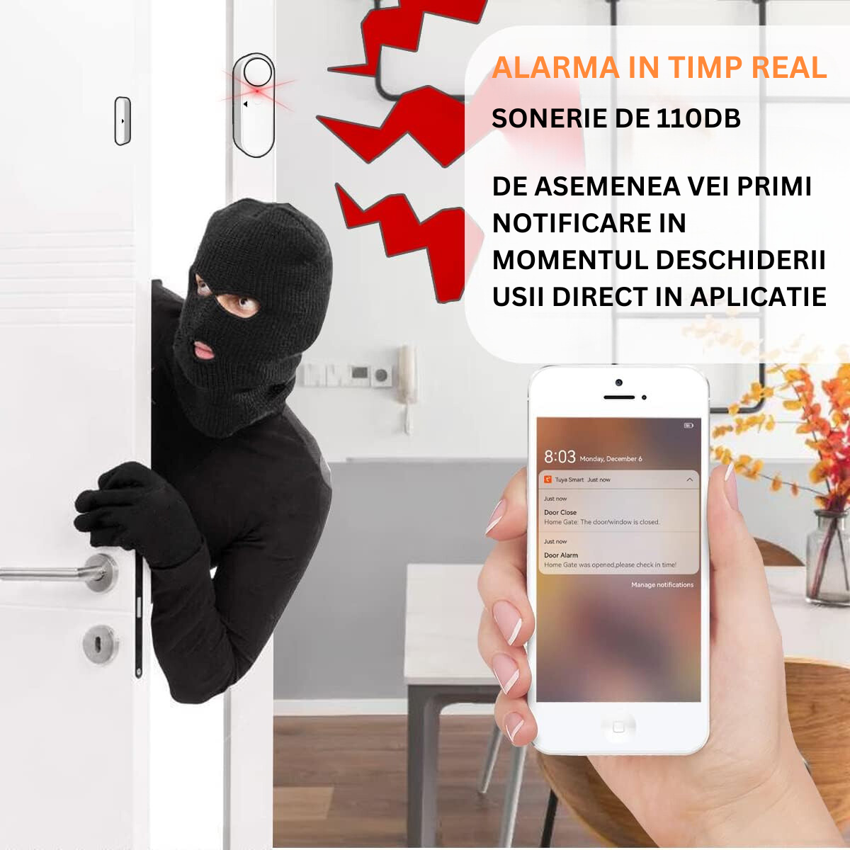 Senzor Inteligent Wireless Pentru Usa, Fereastra, Antifurt, Compatibilitate Aplicatie Tuya si Smart Life, Sistem de alarma VisionHub® pentru casa cu Control la Distanta, Voice Control, Notificari Alarme prin Aplicatie, Alb