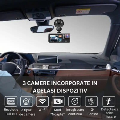 Camera Auto Tripla de bord Full HD 1080P VisionHub®, WIFI, G-Senzor Reglabil, Aplicatie Pe Telefon, Night Vision, Loop Recording, Unghi Larg 170°, Ecran IPS De 2,0 Inch, DVR cu Camera Fata - Spat + Interior incluse, Negru