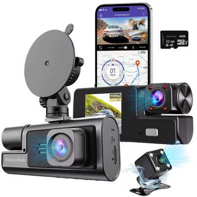 Camera Auto Tripla de bord Full HD 1080P VisionHub®, WIFI, G-Senzor Reglabil, Aplicatie Pe Telefon, Night Vision, Loop Recording, Unghi Larg 170°, Ecran IPS De 2,0 Inch, DVR cu Camera Fata - Spat + Interior incluse, Negru