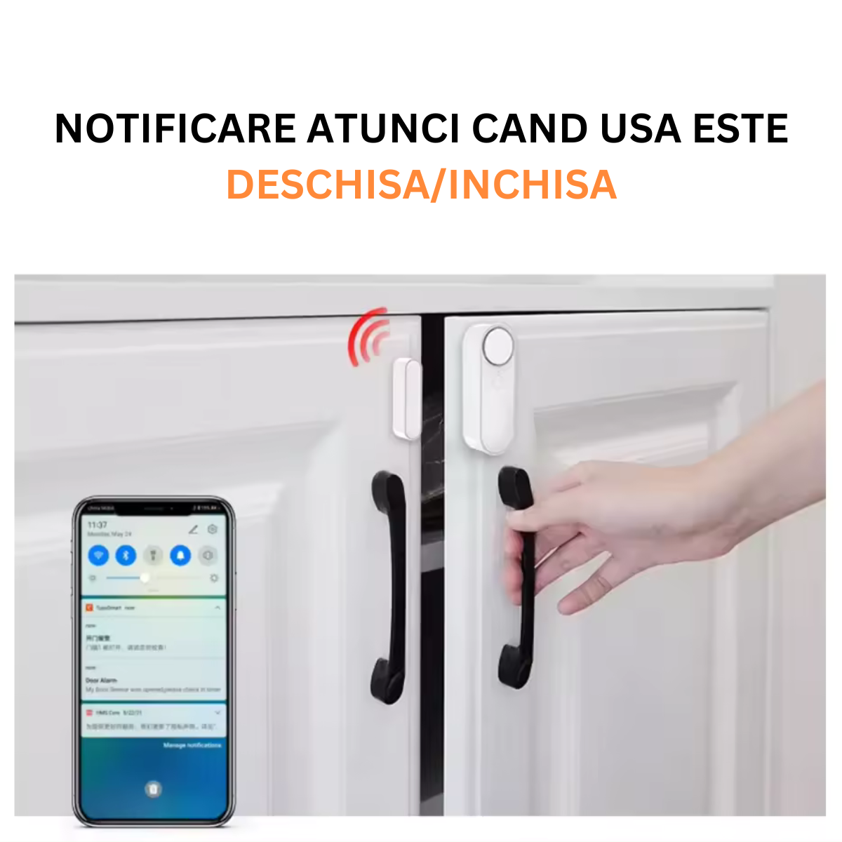 Senzor Inteligent Wireless Pentru Usa, Fereastra, Antifurt, Compatibilitate Aplicatie Tuya si Smart Life, Sistem de alarma VisionHub® pentru casa cu Control la Distanta, Voice Control, Notificari Alarme prin Aplicatie, Alb