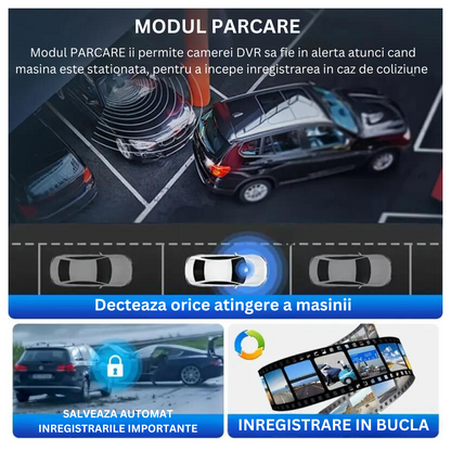Camera Auto Tripla de bord Full HD 1080P VisionHub®, WIFI, G-Senzor Reglabil, Aplicatie Pe Telefon, Night Vision, Loop Recording, Unghi Larg 170°, Ecran IPS De 2,0 Inch, DVR cu Camera Fata - Spat + Interior incluse, Negru