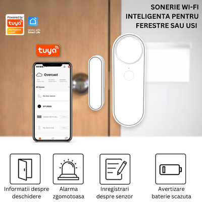 Senzor Inteligent Wireless Pentru Usa, Fereastra, Antifurt, Compatibilitate Aplicatie Tuya si Smart Life, Sistem de alarma VisionHub® pentru casa cu Control la Distanta, Voice Control, Notificari Alarme prin Aplicatie, Alb