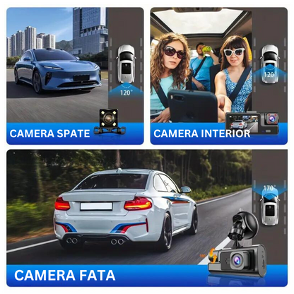 Camera Auto Tripla de bord Full HD 1080P VisionHub®, WIFI, G-Senzor Reglabil, Aplicatie Pe Telefon, Night Vision, Loop Recording, Unghi Larg 170°, Ecran IPS De 2,0 Inch, DVR cu Camera Fata - Spat + Interior incluse, Negru