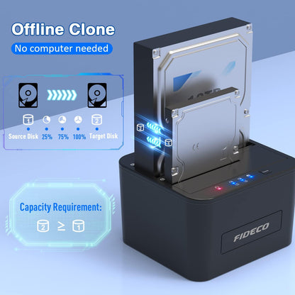 Statie de andocare Hard disk dubla, FIDECO, USB 3.0, Rack compatibil SATA HDD/SSD 2.5"/3.5", Docking Station 3 In 1 cu functia clonare offline, compartiment dublu, Neagra