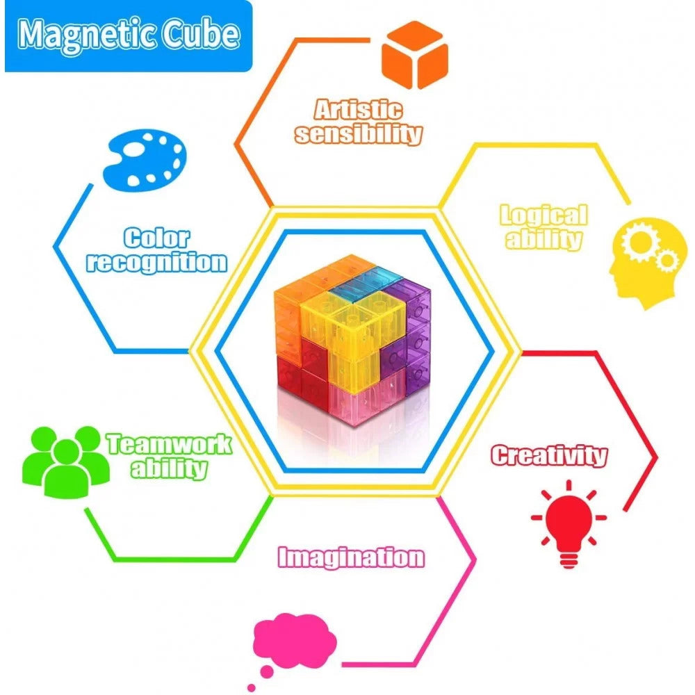 Cub magnetic Magic 3D, set Blocuri de constructie STEM, VisionHub®, cu 7 blocuri magnetice, forme multiple, 54 carti de ghidare, dezvoltarea inteligentei, Dezvoltarea Abilitatilor Motrice si a Imaginatiei