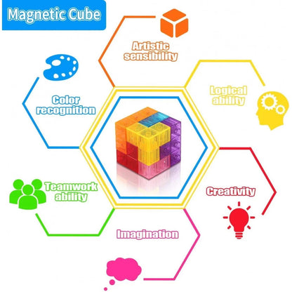 Cub magnetic Magic 3D, set Blocuri de constructie STEM, VisionHub®, cu 7 blocuri magnetice, forme multiple, 54 carti de ghidare, dezvoltarea inteligentei, Dezvoltarea Abilitatilor Motrice si a Imaginatiei
