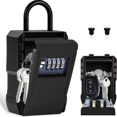 Cutie metalica cu cifru pentru depozitare chei, Tip Lacat, VisionHub®, Rezistenta la apa, Caseta exterioara impermeabila, rezistenta, de capacitate foarte mare, aliaj de aluminiu, Montare pe perete, Regim Hotelier, Booking, AirBnb, Acasa, Negru