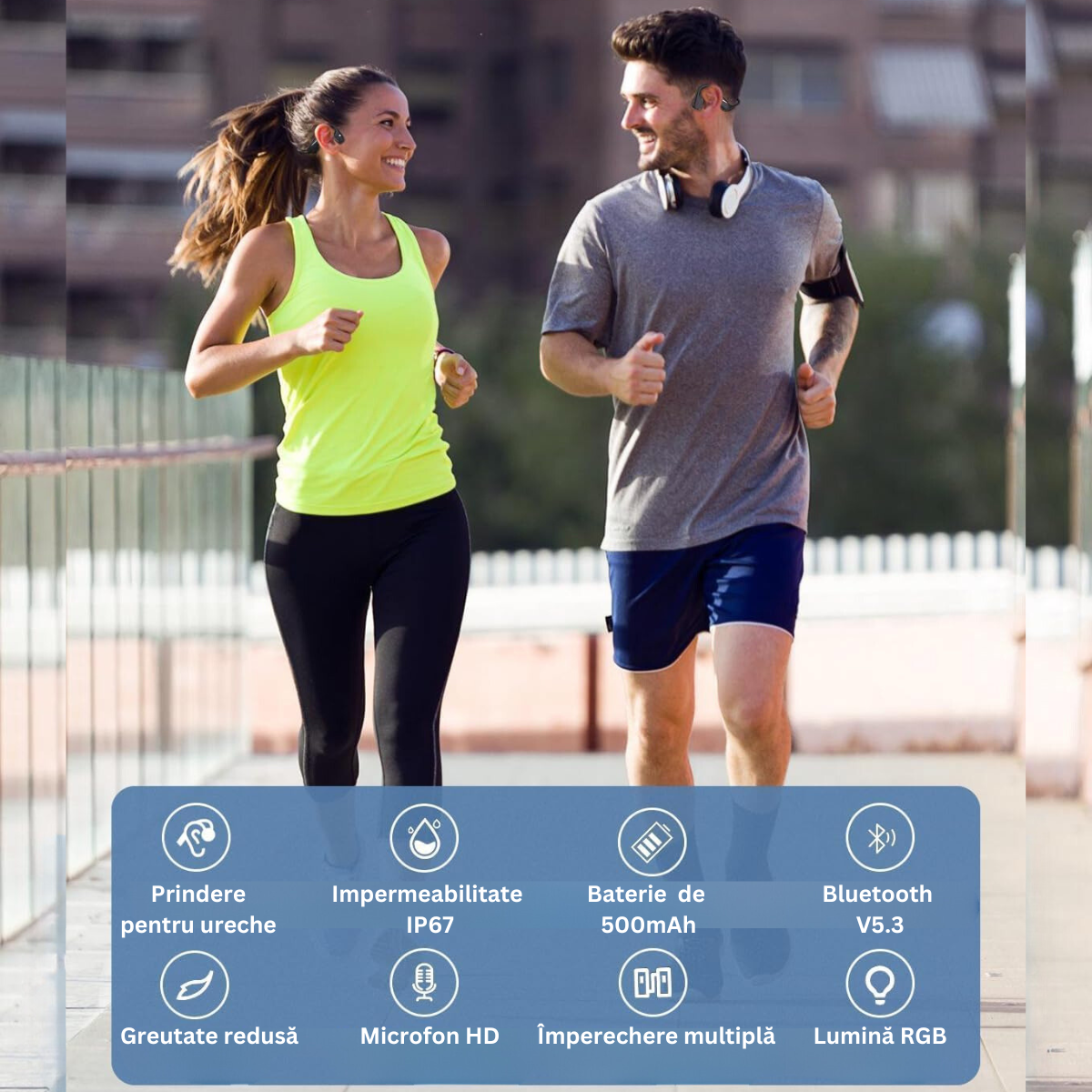 Casti wireless bluetooth Audio - Sport, VisionHub®, fara fir cu conductie osoasa, rezistente la apa, Lumina RGB, cu microfon, Ultra usoare 34g, acumulator 500mAh, 15 ore, potrivite pentru sport, alergare, fitness, ciclism, Bluetooth 5.3