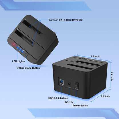 Statie de andocare Hard disk dubla, FIDECO, USB 3.0, Rack compatibil SATA HDD/SSD 2.5"/3.5", Docking Station 3 In 1 cu functia clonare offline, compartiment dublu, Neagra