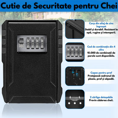 Cutie metalica cu cifru pentru depozitare chei, VisionHub®, waterproof, Caseta exterioara impermeabila, rezistenta, de capacitate foarte mare, aliaj de aluminiu, Montare pe perete, Regim Hotelier, Booking, AirBnb, Acasa, Neagra