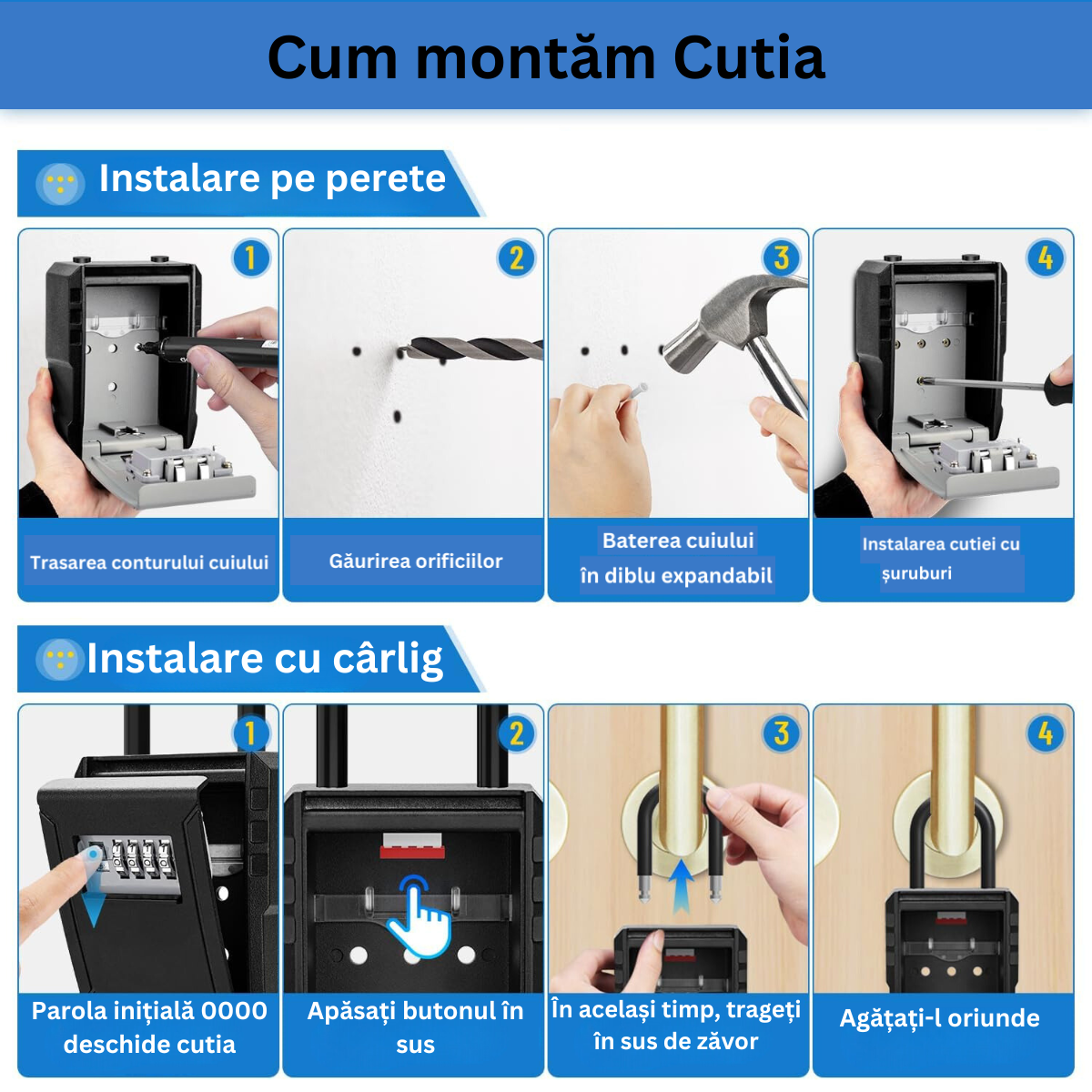 Cutie metalica cu cifru pentru depozitare chei, Tip Lacat, VisionHub®, Rezistenta la apa, Caseta exterioara impermeabila, rezistenta, de capacitate foarte mare, aliaj de aluminiu, Montare pe perete, Regim Hotelier, Booking, AirBnb, Acasa, Negru
