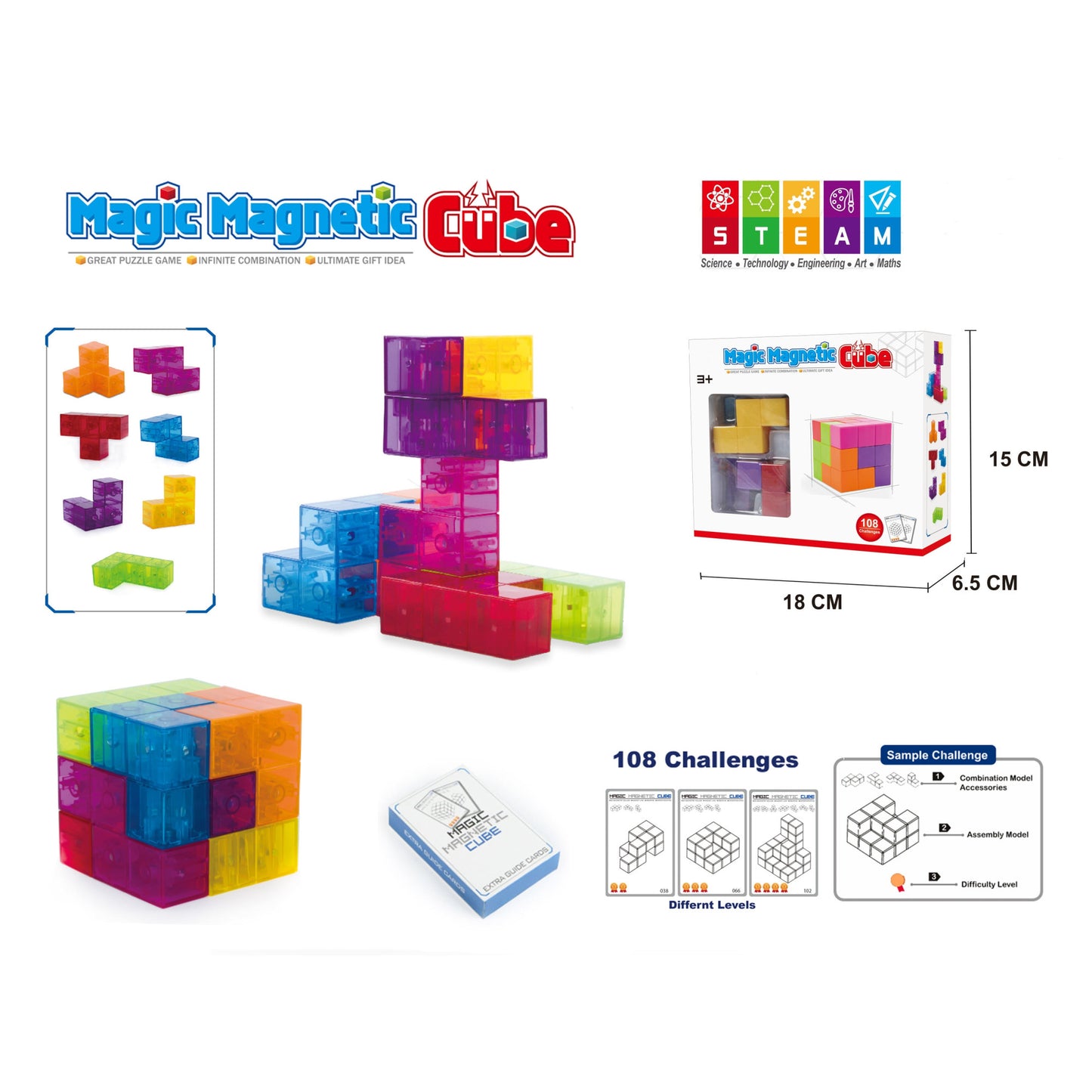 Cub magnetic Magic 3D, set Blocuri de constructie STEM, VisionHub®, cu 7 blocuri magnetice, forme multiple, 54 carti de ghidare, dezvoltarea inteligentei, Dezvoltarea Abilitatilor Motrice si a Imaginatiei
