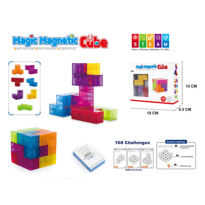 Cub magnetic Magic 3D, set Blocuri de constructie STEM, VisionHub®, cu 7 blocuri magnetice, forme multiple, 54 carti de ghidare, dezvoltarea inteligentei, Dezvoltarea Abilitatilor Motrice si a Imaginatiei