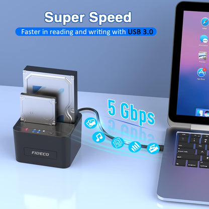 Statie de andocare Hard disk dubla, FIDECO, USB 3.0, Rack compatibil SATA HDD/SSD 2.5"/3.5", Docking Station 3 In 1 cu functia clonare offline, compartiment dublu, Neagra