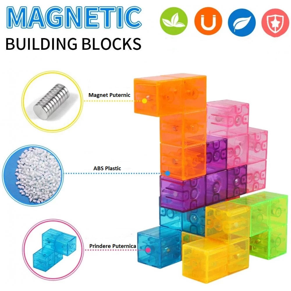 Cub magnetic Magic 3D, set Blocuri de constructie STEM, VisionHub®, cu 7 blocuri magnetice, forme multiple, 54 carti de ghidare, dezvoltarea inteligentei, Dezvoltarea Abilitatilor Motrice si a Imaginatiei