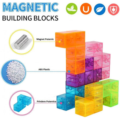 Cub magnetic Magic 3D, set Blocuri de constructie STEM, VisionHub®, cu 7 blocuri magnetice, forme multiple, 54 carti de ghidare, dezvoltarea inteligentei, Dezvoltarea Abilitatilor Motrice si a Imaginatiei