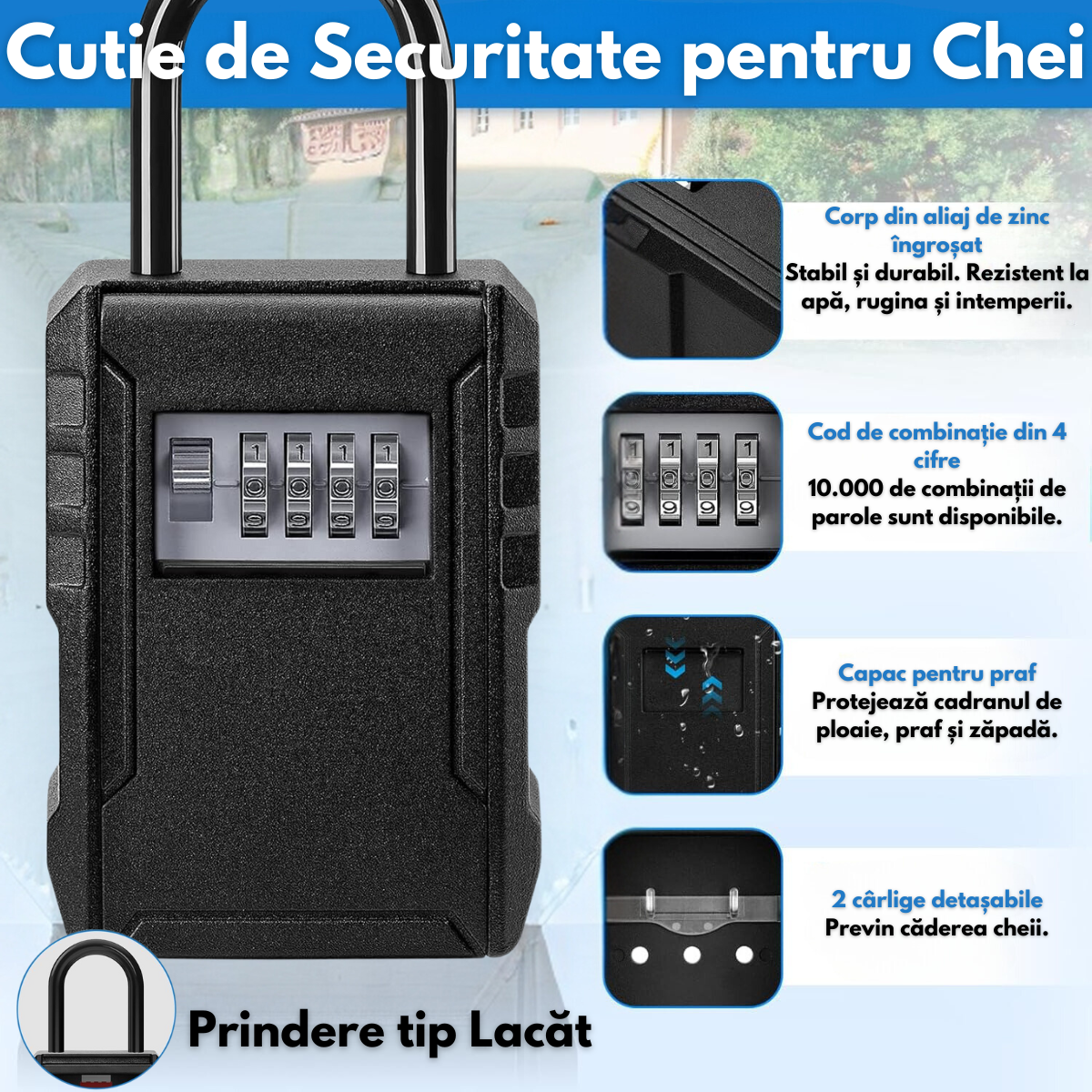 Cutie metalica cu cifru pentru depozitare chei, Tip Lacat, VisionHub®, Rezistenta la apa, Caseta exterioara impermeabila, rezistenta, de capacitate foarte mare, aliaj de aluminiu, Montare pe perete, Regim Hotelier, Booking, AirBnb, Acasa, Negru